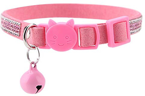 HEEEPDD Verstellbares Katzenhalsband, bunte Strasssteine, PU-Leder, für Welpen, Hunde, Katzen, reflektierendes Halsband mit Sicherheitsschnalle, Schnellentriegelung mit Glöckchen