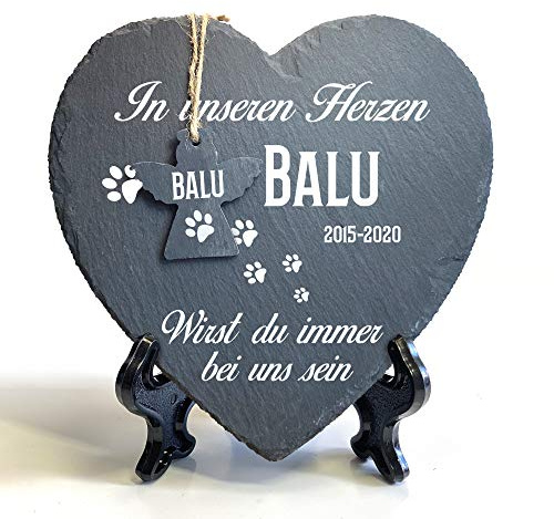 TULLUN Individueller Personalisiert Groß Herzform und Engel Tiergrabstein Schiefer Gedenkstein + Ständer für Hund, Katze und andere Haustiere Tiere - Größe | 25 x 25 cm | - Pfotenabdruck