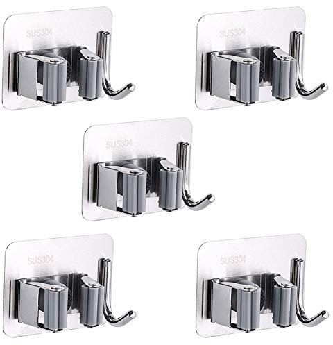 YUIP Badezimmerhaken,Besenhalterung Edelstahl Gerätehalter Besenhalterung für die Wand, Besenhalter Selbstklebend von Gartengeräte 5 Halter und 5 Haken, Grau