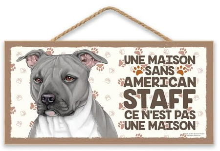 AMERICAN STAFF (03) - Affiche Decoration Murale. Panneau Bois. Inscription avec votre animal préféré, Panneau Decoratif en Bois pour votre maison, Pancarte avec un chien.