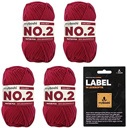 myboshi No.2 inkl. Label, Baumwolle zum Häkeln und Stricken, für Baby und Amigurumi, vegan, 60 Grad waschbar, 50g, Ll 100m Rot (Chillirot), 4 Knäuel