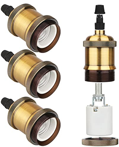 Zevnico 4pcs E27 Lamp Holder, Brass E27 Bulb Holder Edison Screw Socket | Ceramic Vintage Lamp Holders, Antique Bulb Holders Rated 4a 250v, Retro Pendant Lamp Holder For Hanging Light Fitting