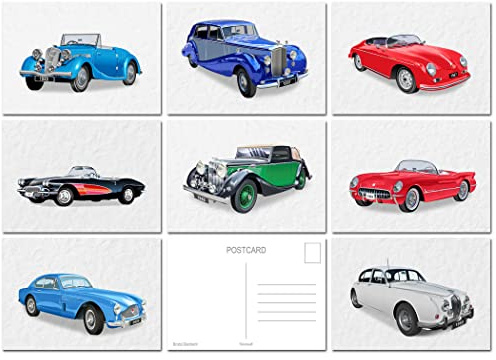 Felicitas Oldtimer-Postkarten-Set – Set mit 8 klassischen Automobilbildern von 1940 bis 1960 – Vektor-moderne Kunst – alte Autos – atemberaubend cool auffällig – umweltfreundlich (keine Umgebungen) –