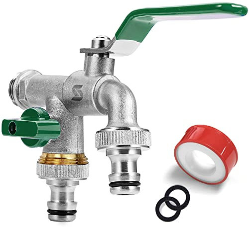 SPGOOD Robinet de jardin, robinet à double sortie 3/4, résistant à la rouille et au gel, avec 2x sorties 3/4, 1x ruban d'étanchéité à rouleaux, double raccordement et embout de tuyau pou r(vert)