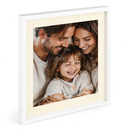 3D Objektrahmen Bilderrahmen mit Passepartout & gehärtetem Glas Holz MDF Rahmen Foto Poster: Farbe: Weiß | Format: 50x50