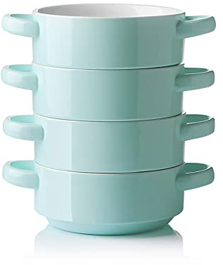 Sweejar Ceramic Soup Bowls with Double Handles, 20 Oz Stacked Bowls for French Onion Soup, Cereal, Pot Pies, Stew, Chill, Pasta, Set of 4(Dark Turquoise)