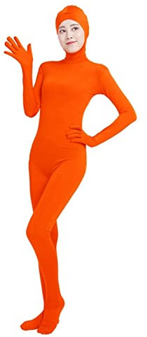 Lifup Unisex Ganzkörperanzug mit Füßen Catsuit Gesicht Offene Unitard Anzug Suit Kostüm Neon Orange L