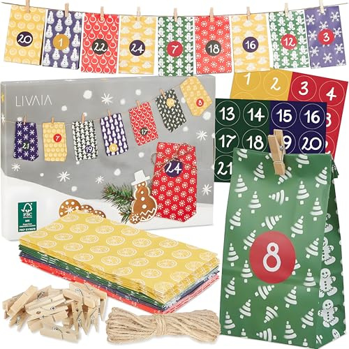 LIVAIA Adventskalender zum Befüllen 2025 - DIY Adventskalender Tüten Set mit 24 Papiertüten, Holzklammern, Zahlen Aufkleber, Jute Schnur - Weihnachts Adventskalender Basteln - Bunt 24 Motive