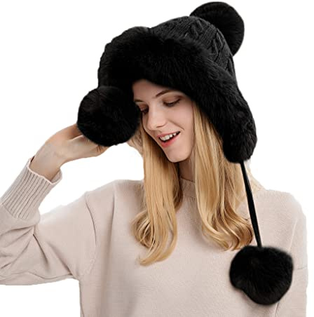 YAMEE Winter Beanie Mützen für Frauen mit Ohrenklappen Kunstfell Häkelmütze Warm Outdoor Ski Schnee Hüte Pompoms, Schwarz , Einheitsgröße
