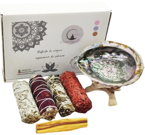 SamayZen – Weißes Salvia apiana-Set zum Brennen, Abalone-Muschel mit Stativ, Palo Santo, Yerba Santa, Lila Sinuata, Drachenblut – Räucherstäbchen – Energiereinigungsritual