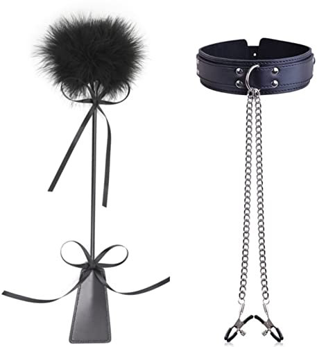 Fetisch Einstellbar Nippelklemmen Halskette mit Busenkette Federkitzler Feder Leder Flogger Peitsche Bondage Paddel Set SM Sexspielzeug