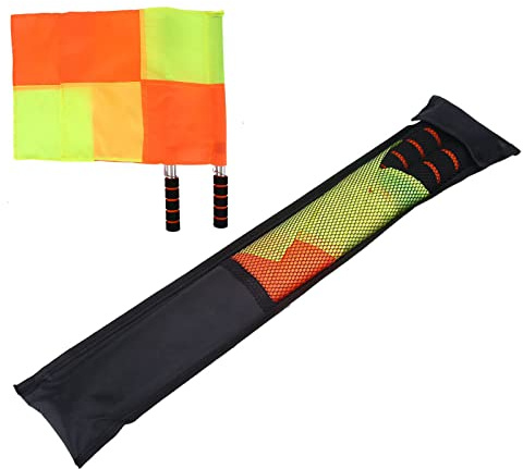 Lot de 2 Drapeaux de Juge de Ligne, Drapeau de Juge de Ligne de Sport, Drapeau D'arbitre étanche avec Sac de Rangement, Drapeaux à Carreaux Rouges et Jaunes pour Match de Football, Football, Hockey