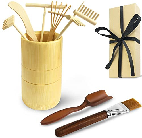 Artcome Mini Table Zen Sand Garden Rake Tool Set - with Rakes Sand Brush Spoon Bamboo Tube Tabletop Meditation Sand Zen Garden Tools, Zen Garden Accessory and Parents' Meditation Gifts