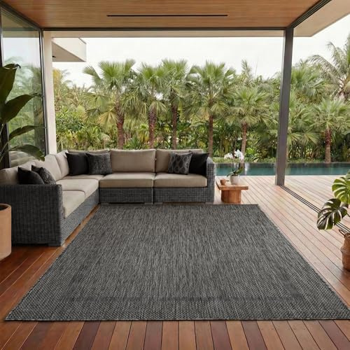 Outdoor Teppich Wetterfest Einfarbiges Design Terrasse Balkon Teppich Küche Garten Sisal-Look Küchenteppich Läufer Flur, Größe: 240 x 340 cm, Farbe: Schwarz