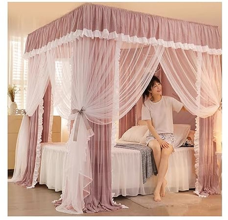 Betthimmel Rosa Betthimmel-Moskitonetz mit Rüschenrand, Schlafzimmer, romantische Dekoration, Bettvorhang mit Edelstahlhalterung (Size : 150X200X200CM)