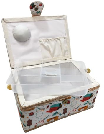 Boîte à Couture Moyenne, boîte à couture doublée en tissu avec compartiments, boîte de couture, cadeau pour mères, amis, sœurs, (Moyen, machine)