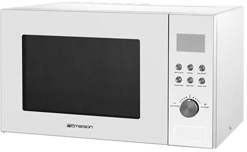 Emerson MW1101W Countertop Microwave Oven with Button Control, LED Display 1000W, 10 Power Levels, 6 Auto Menus, Glass Turntable and Child Safe Lock, 1.1 Cu. Ft., White