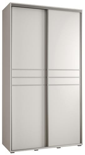MEBLE KRYSPOL Cannes 10 Moderner Schrank mit 2 Schiebetüren mit Stange, Regale - Aufbewahrungsschrank für Schlafzimmer, Wohnzimmer - 205,2x130x60 cm - Weiß Weiß Silber