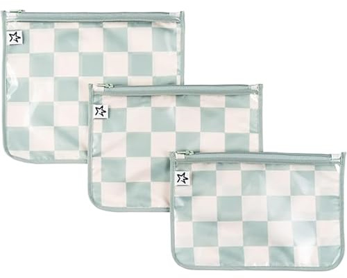 Tiny Twinkle Diaper Bag Organizing Pouches | 3 Pack Mess-Proof Clear Front Travel Organizer Bags & TSA Approved Toiletry Bag Set for Baby and Mom Essentials (Sage Checkers)