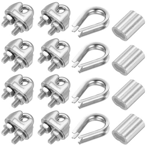 PATIKIL Wire Rope Accessory Set, 304 Stainless Steel 8 Pcs Cable Clip Clamp 4 Pcs Thimble 4 Pcs Aluminum Crimping Loop Sleeve for M3/1/8 Cable Rope