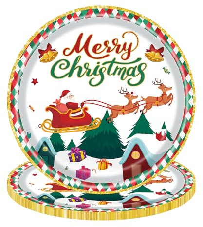 Copbopwn 32PCS Weihnachten Pappteller Weihnachtspapier Partygeschirr Set Einweg Servierplatten Dessert-Papiergeschirr-Teller Weihnachten Santa Dinner Set 7 Zoll runder Teller für Weihnachtsfeier