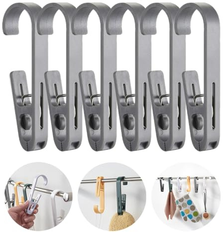 6Pcs Laundry Hooks with Clips Hanger Closet Organizer Clamps Hanging Socks Boot Bras Towels Shower Pegs for Bathroom Wardrobe Kitchen Office Holders Clothes Pins Outdoor, Grey