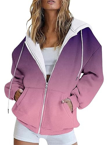Pullover für Damen, Flieder, bauchfrei, Jacke, eleganter Reißverschluss, Wandern, Hoodies, Langarm, Mantel, Farbverlauf, Workout, Sweatshirt, Kordelzug, Cardigan, lockere Sportbekleidung, modisch,