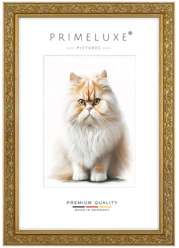 PrimeLuxe Massiv Holz Bilderrahmen - Maßanfertigung Vintage Retro 38 x 98 cm in Alt-Gold | Größe wählbar | mit entspiegeltem Acrylglas | Rahmen für Poster | Puzzle | Foto collage