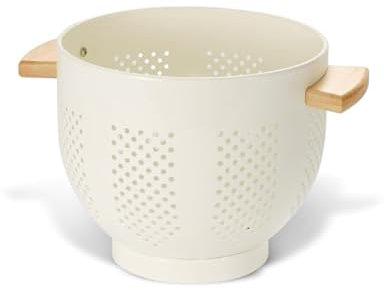 beifeier Metal Colander with Wooden Handle and Sturdy Base, 5.5 Quart Large Strainer for Draining Pasta Vegetable Fruit, Durable Kitchen Essentials (Cream)