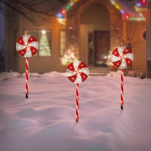 ECD Germany 3er Set LED Lollipop-Weihnachtsweg Aussen, 60 LED 3m, 8 Modi, Batteriebetrieben, Timer, Weihnachten Lutscher Lichterkette, Weihnachtsbeleuchtung Gartenleuchte Zuckerstangen Gartenstecker