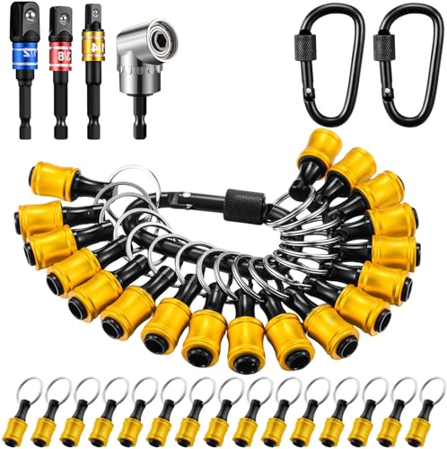 Threlaco 18 Pcs Bit Holder Keychain, 1/4 3/8 1/2 Socket Hex Shank Bit Holders Quick Release Screwdriver Extension Tool 105 Degree Right-Angle Driver for Impact Drills Nut Valentine Gifts (Gold)