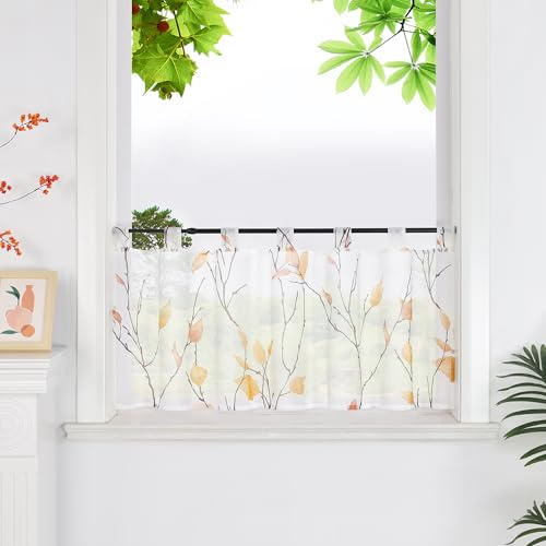 HeichkelL Scheibengardine, Bistrogardine mit Blätter, Orange HxB 45x120 cm | Transparente Gardine Kurzstores Bedruckt Scheibenvorhang mit Schlaufen