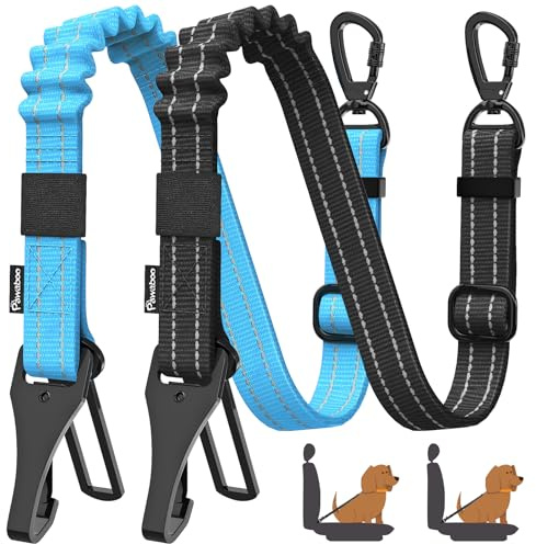 Pawaboo 2Pack Dog Seatbelt for Car, 3-in-1 Dog Seat Belt Bungee, Shockproof Dog Tether for Car with Buckle & Hook Latch, Adjustable Reflective Dog Car Harness Leash with 360° Lockable Buckle, Blue
