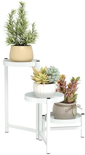 Outsunny Estantería para Plantas Plegable de 3 Niveles Soporte para Plantas de Metal con 3 Estantes Redondos Soporte para Macetas para Interior y Exterior 40x40x42 cm Blanco