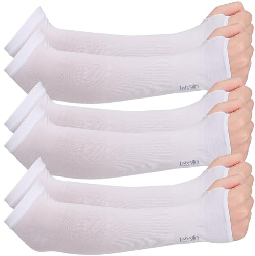 CABODYALS 3 Paar Weiße Sonnenschutz Ärmel Tattoo Abdeckung UV Kompression Golf Kühlender Sommer Sonnenschutz Lange Armmanschette Mit Daumenloch Für Männer Und Frauen Sport Baseball Workouts Im Freien