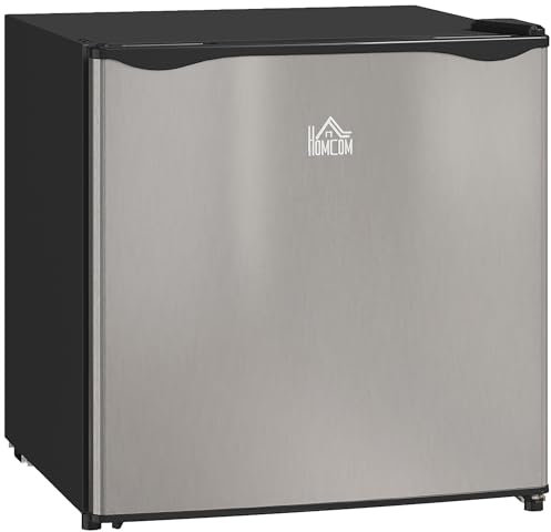 HOMCOM 46 Litre Table Top Mini Fridge, Small Fridge with Ice Box, Reversible Door, Adjustable Temperature and Legs for Bedrooms, Home Office, Silver Tone