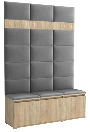Brent - Garderobenschrank Flur Sonoma Eiche mit sitzbank 150 cm Breit Luton 3 - Multifunktionale Flurgarderobe Set mit Stauraum und Wandpaneel, Garderobe mit Sitzfläche und Kleiderhaken