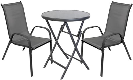 Mojawo Elegantes 3-teiliges Bistro-Set für Garten, Balkon & Terrasse Bistrotisch + 2 Stapelsessel Metall/Textilen Anthrazit