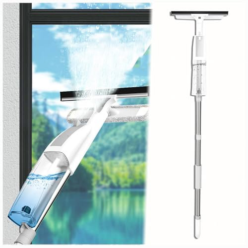 HJXBD888 3 en 1 Spray Limpiador De Cristales con Poste Telescópico, Rasqueta Limpiacristales con 3 Paños Microfibra para Ventanas Altas Interior/Exterior