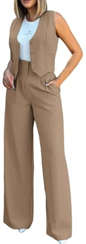 Generisch 2025 Elegante Color Sólido Mujer Chaleco Tanque Cardigan Bolsillos Tops Pierna Ancha Traje Pantalones Chándal Mujer 42, caqui, M