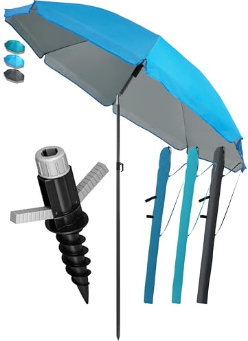 4smile Sonnenschirm Strand SunnyJoy Ø 180 cm, 3-IN-1 Set - UPF 50+ Strandschirm + Sonnenschirm Schutzhülle + Bodenhülse - Strandschirm windfest stabil, Sonnenschutz Strand, Gartenschirm, Blau