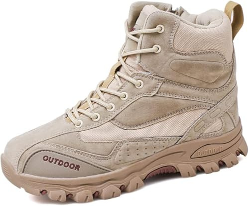 Mäns Utomhus Mid Top Taktiska Militära Stövlar Snörning Vandringskängor Med Sidodragkedja Ökenkängor Träningsskor A01, Beige, 12 UK
