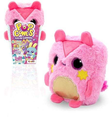 Craze Plush Pop Cones Chewy – Plüschtier mit Erdbeerduft & Armband – Kuscheliger Duftfreund für Kinder – In Popcorn-Box verpackt – Kawai Geschenkidee ab 3 Jahren, Rosa