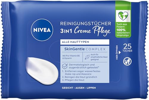 NIVEA Reinigungstücher 3in1 Creme Pflege, sanfte Abschminktücher für wasserfestes Make-Up, Gesichtsreinigung für alle Hauttypen mit Duft & Pflege der NIVEA Creme (25 Stück) (Packung mit 5)
