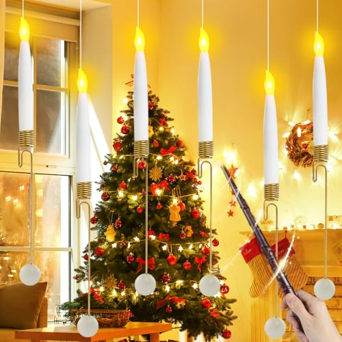 BIZOI Candele Sospese con Telecomando a Bacchetta, Floating Candles da Appendere, Candele Galleggianti Senza Fiamma, Candele LED Sospese con Bacchetta per Halloween Matrimonio Festa di Compleanno