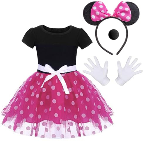 Atorcher Minnie Fancy Dress Up Costume with Mouse Ears Bowknot Hair Hoop, Gloves & Nose for Kids Girls, Halloween Birthday Party Mini Polka Dot Tutu Skirt