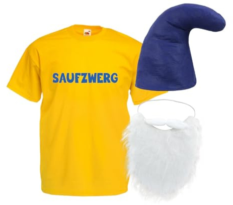 PartyMagix Saufzwerg Kostüm Set Bart Mütze JGA Party Bier Sauf Verkleidung - Rundhals, 100% Baumwolle - Das trinkfeste Kostüm