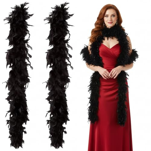 JcvPot Federboa Schwarz, 2m Lange Schwarze Federn, Elegantes Accessoire für Partys, Hochzeiten, Konzerte, Bühnenauftritte und Dekoration, Federboa Schwarz mit 1920er Stil