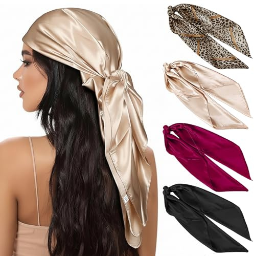 KU 90x90cm Großes Kopftuch für Damen aus Seide Satin - 4 Stück Set für Alltag Halstuch, Seidentuch, Bandana, Schal & Haarschmuck