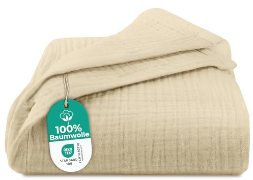Dreamzie - Musselin Tagesdecke 180x220 cm - 100% Baumwolle | Beige · Atmungsaktiv & Weich · Leichte Kuscheldecke · Bett & Couchüberwurf · Oeko-Tex